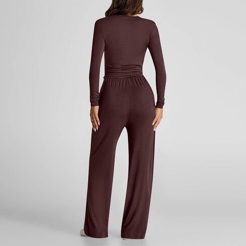 2 Piece Sets For Women Solid V Neck Long Sleeve Matching Outfits Trendy Slim Fit Top Wide Leg Pants Loungewear Set in Saudi Arabia