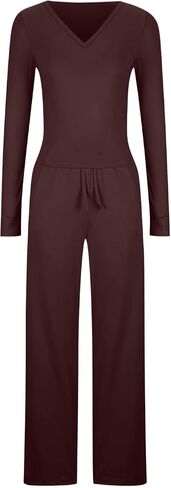2 Piece Sets For Women Solid V Neck Long Sleeve Matching Outfits Trendy Slim Fit Top Wide Leg Pants Loungewear Set in Saudi Arabia