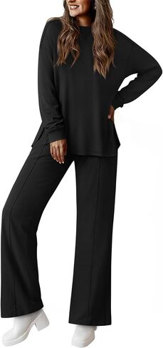 Women's Fall 2 Piece Lounge Sets Side Slit Sweatshirt Wide Leg Sweatpant Airport Travel Outfits Tracksuit in Saudi Arabia