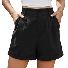 Jouica Womens Summer High Waist Linen Shorts Roll Up Pleated Zippered Wrap Hem Wide Leg Shorts with Pockets
