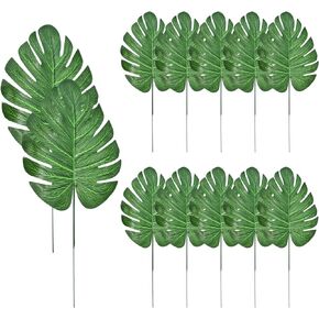 12 Pieces Artificial Palm Leaves, Golden Faux Tropical Monstera Leaves for Safari Jungle Hawaiian Luau Party, Table and Wall Decorations