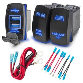 LED Rocker Switch, 3 Pack 12A/20A 24V/10A LED Light Bar & Rear Light & 4.2A Dual USB Car Charger Port with Jumper Wire for Marine Toggle Switch Panel on ATV UTV Boat Polaris Can-Am Blue