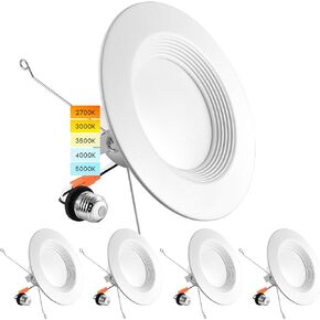 LUXRITE 5/6 بوصة LED إضاءة سفلية مجوفة، 14 وات = 90 وات، لون CCT يمكن اختياره 2700 كلفن | 3000 ألف | 3500 الف | 4000 الف | 5000 كلفن، علبة إضاءة خافتة للضوء، 1100 لومن، تصنيف رطب، نجمة الطاقة، حافة حاجزة (4 عبوات)