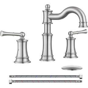 Roman Bathroom Sink Faucet 3 Holes Brushed Gold 2 Handle Widespread 8 inch Deck Mount Installation with Overflow Pop Up Drain Assembly and Water Supply Lines