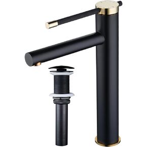 Vessel Sink Faucet and Drain Combo Brushed Gold, NEWRAIN Tall Bathroom Vessel Faucet Single Handle One Hole Lavatory Sink Bowl Mixer Tap with Pop Up Drain Without Overflow