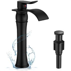 Black and Gold Vessel Sink Faucet Bathroom, Brass Waterfall Bathroom Sink Faucet 1 Hole, Single Handle Tall Bathroom Faucets for Vessel Sinks with Drain