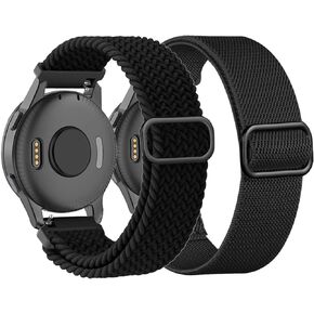 2 Pack Braided Stretchy Nylon Watch Bands Compatible with Garmin Venu Sq/Venu Sq 2/Venu 2 Plus, 20mm Loop Elastic Fabric Straps for Garmin Vivoactive 5 / Vivoactive 3 Women Men