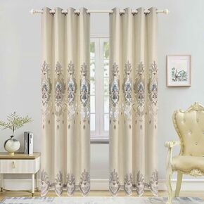 Luxury European Embroidered Curtains for Living Room Chenille Room Darkening Window Drapes for Bedroom Grommet Window Treatment 2 Panels W52 X L84 Inch