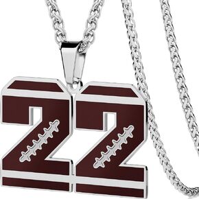 AMITER Football Number Necklace for Boys, 0-99 Jersey Football Pendant Necklace with 22+2 in Chain for Men