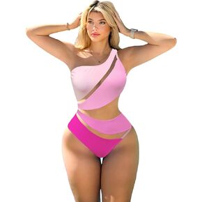 MakeMeChic Women's Color Block One Shoulder Mesh Insert One Piece Swimsuit Sexy Bathing Suit