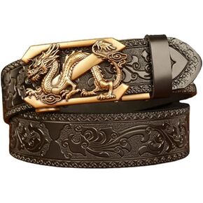 Men's Leather Ratchet Belt Ethnic Retro Personality Pattern Business Casual Belt for Men Black (dragon 1 Black)