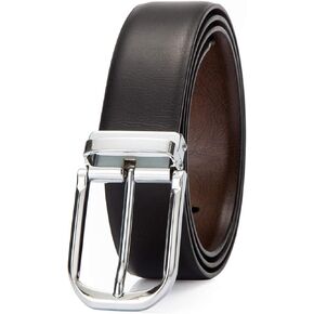 Men's Reversible Belt, Men Leather Buckle Belts, Casual Dress Belt with Single Prong Buckle, Trim Fit Adjustable Belt for Men, Cantaloupe Silver