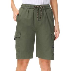 HOW'ON Women's Casual Cotton Multi Pockets Loose Fit Ripstop Bermuda Cargo Shorts