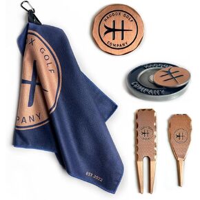 Golf Accessory Bundle - Large Solid Metal Ball Mark, Large Poker Chip with Magnetic Ball Mark, Single Prong Divot Tool, Two Prong Divot Tool, and Golf Towel
