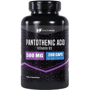 Pantothenic Acid (Vitamin B5) 500mg | 200 Capsules | Supports Energy Levels, Skin & Hair Health | Non-GMO | Made in The USA