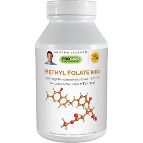 ANDREW LESSMAN Methyl Folate 1000-120 Capsules - 1000 mcg L-Methyl Folate, Potent Levels of Essential Vitamin B9. Supports Healthy Heart, Brain, Immune and Pregnancy. Easy to Swallow Capsules
