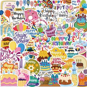 Happy Birthday Stickers, Cute Stickers, 50Pcs Kawaii Stickers Pack, Birthday Party Supplies, Funimost Vinyl Waterproof Stickers for Water Bottle Phone Guitar Laptop, Gift for Girls Kids Teens Adults