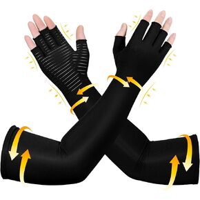 Long Copper Compression Arthritis Gloves for Women & Men, Medical Arm & Hand Compression Gloves, Fingerless Pressuse Gloves, Hand Support Sleeves for Carpal Tunnel, Lymphedema, Hand Pain, Edema