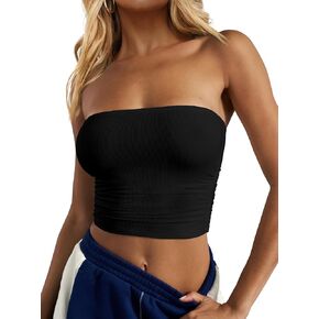 Women's Casual Ruched Side Strapless Crop Tube Top Ribbed Knit Bandeau Top Summer Skinny Shirt in Kuwait
