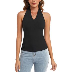 MINTLIMIT Halter Tops for Women Sexy V Neck Summer Ribbed Sleeveless Shirt Cotton Soft Slim Fitted Backless Trendy Tops