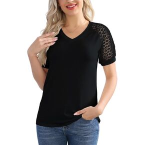 Women's T Shirts Classic V Neck Lace Short Sleeve Tops Loose Casual Tee Solid Color Blouse Lightweight and Basic
