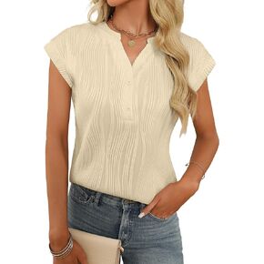 Womens Trendy Tops Short Sleeve V-Neck Textured T Shirts Button-Down Business Dressy Casual Tee Blouses