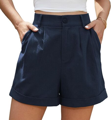 Jouica Womens Summer High Waist Linen Shorts Roll Up Pleated Zippered Wrap Hem Wide Leg Shorts with Pockets in Saudi Arabia