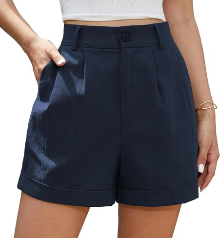Jouica Womens Summer High Waist Linen Shorts Roll Up Pleated Zippered Wrap Hem Wide Leg Shorts with Pockets in Saudi Arabia