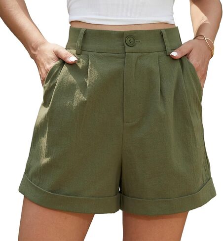 Jouica Womens Summer High Waist Linen Shorts Roll Up Pleated Zippered Wrap Hem Wide Leg Shorts with Pockets in Saudi Arabia