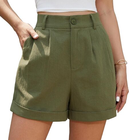Jouica Womens Summer High Waist Linen Shorts Roll Up Pleated Zippered Wrap Hem Wide Leg Shorts with Pockets in Saudi Arabia