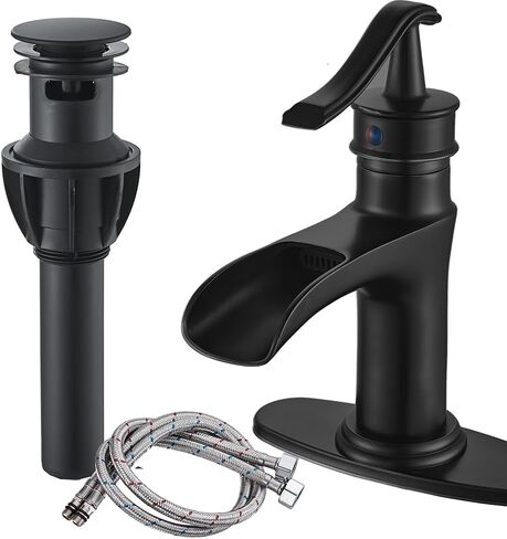NeierThodore Waterfall Brass Bathroom Faucet Single-Handle One Hole Vanity Sink Faucet Vessel Faucet Basin Mixer Tap with Deck Plate,Matte Black in Saudi Arabia