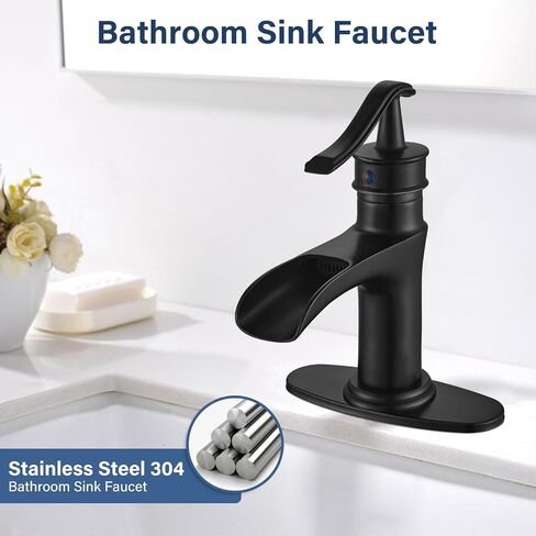 NeierThodore Waterfall Brass Bathroom Faucet Single-Handle One Hole Vanity Sink Faucet Vessel Faucet Basin Mixer Tap with Deck Plate,Matte Black in Saudi Arabia