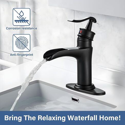 NeierThodore Waterfall Brass Bathroom Faucet Single-Handle One Hole Vanity Sink Faucet Vessel Faucet Basin Mixer Tap with Deck Plate,Matte Black in Saudi Arabia
