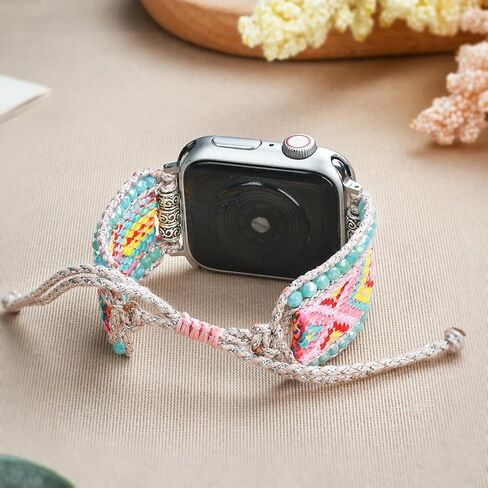 Retro Boho Braided Nylon Band Compatible with Apple Watch 40mm 41mm 38mm, Friendship Bracelet Handmade Woven Bohemian Beaded Western Dressy Strap for iWatch Series 9/8/SE/Ultra/7/6/5/4/3/2/1 in Saudi Arabia