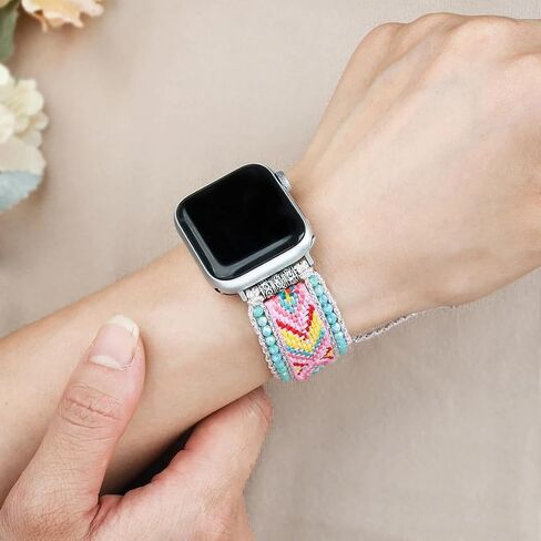 Retro Boho Braided Nylon Band Compatible with Apple Watch 40mm 41mm 38mm, Friendship Bracelet Handmade Woven Bohemian Beaded Western Dressy Strap for iWatch Series 9/8/SE/Ultra/7/6/5/4/3/2/1 in Saudi Arabia