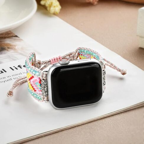 Retro Boho Braided Nylon Band Compatible with Apple Watch 40mm 41mm 38mm, Friendship Bracelet Handmade Woven Bohemian Beaded Western Dressy Strap for iWatch Series 9/8/SE/Ultra/7/6/5/4/3/2/1 in Saudi Arabia