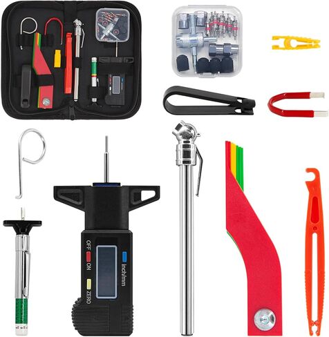 مجموعة متنوعة من أدوات قياس عمق مداس الإطارات ومقاييس الفرامل، قياس سمك بطانة الفرامل، قلم رقمي لقياس ضغط الإطارات، أغطية مسامير العجلة، خطافات سحب، سحّابات صمامات زجاجية مع حافظة in Kuwait