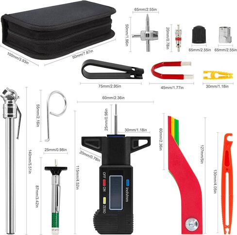 مجموعة متنوعة من أدوات قياس عمق مداس الإطارات ومقاييس الفرامل، قياس سمك بطانة الفرامل، قلم رقمي لقياس ضغط الإطارات، أغطية مسامير العجلة، خطافات سحب، سحّابات صمامات زجاجية مع حافظة in Kuwait