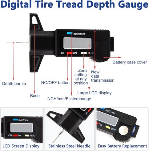 مجموعة متنوعة من أدوات قياس عمق مداس الإطارات ومقاييس الفرامل، قياس سمك بطانة الفرامل، قلم رقمي لقياس ضغط الإطارات، أغطية مسامير العجلة، خطافات سحب، سحّابات صمامات زجاجية مع حافظة in Kuwait
