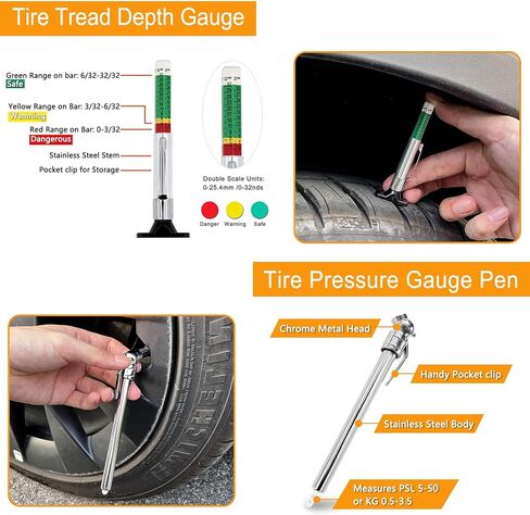 مجموعة متنوعة من أدوات قياس عمق مداس الإطارات ومقاييس الفرامل، قياس سمك بطانة الفرامل، قلم رقمي لقياس ضغط الإطارات، أغطية مسامير العجلة، خطافات سحب، سحّابات صمامات زجاجية مع حافظة in Kuwait