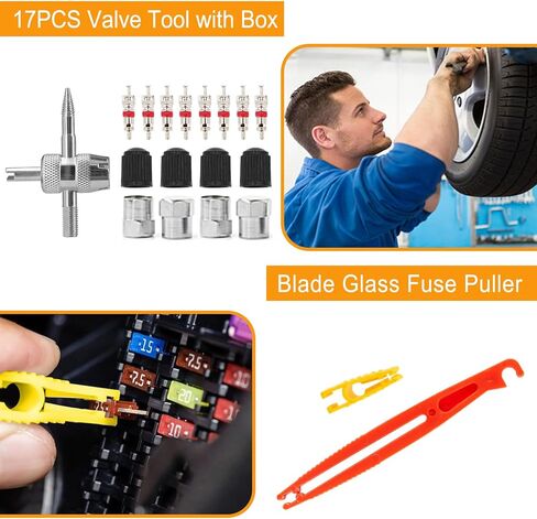 مجموعة متنوعة من أدوات قياس عمق مداس الإطارات ومقاييس الفرامل، قياس سمك بطانة الفرامل، قلم رقمي لقياس ضغط الإطارات، أغطية مسامير العجلة، خطافات سحب، سحّابات صمامات زجاجية مع حافظة in Kuwait