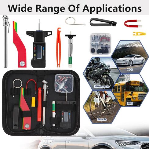 مجموعة متنوعة من أدوات قياس عمق مداس الإطارات ومقاييس الفرامل، قياس سمك بطانة الفرامل، قلم رقمي لقياس ضغط الإطارات، أغطية مسامير العجلة، خطافات سحب، سحّابات صمامات زجاجية مع حافظة in Kuwait