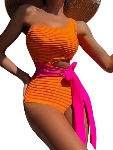 MakeMeChic Women's Color Block One Shoulder Mesh Insert One Piece Swimsuit Sexy Bathing Suit in Saudi Arabia