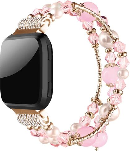 Simpeak Fashion Band متوافق مع Fitbit Versa/Versa 2 / Versa Lite/Versa SE الذكية، سوار مجوهرات مرن مطرز باللؤلؤ بديل لـ Fitbit Versa، النساء والفتيات، وردي in Kuwait