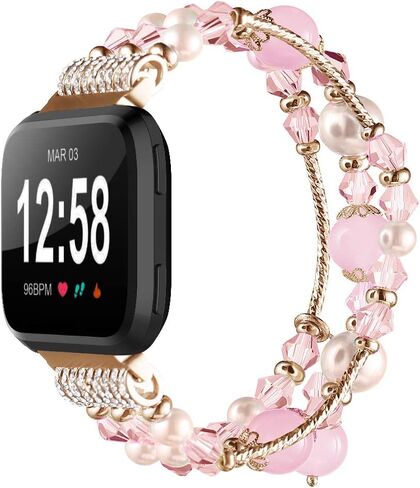 Simpeak Fashion Band متوافق مع Fitbit Versa/Versa 2 / Versa Lite/Versa SE الذكية، سوار مجوهرات مرن مطرز باللؤلؤ بديل لـ Fitbit Versa، النساء والفتيات، وردي in Kuwait