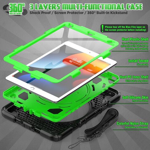 SEYMAC stock Case for iPad 9th/8th/7th Generation 10.2 inch Case with Screen Protector, 360 Rotating Handle Stand, Shoulder Strap & Pencil Holder, Heavy Duty Shockproof Case (Black) in Saudi Arabia