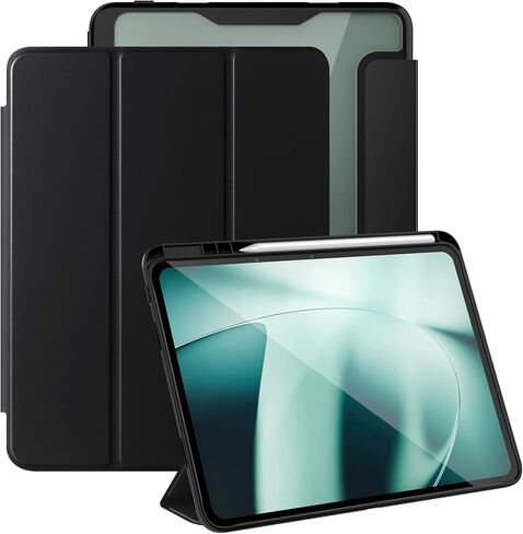 حافظة لجهاز OnePlus Pad، غطاء حامل قابل للطي، إغلاق مغناطيسي للنوم التلقائي، حامل Stylo شفاف متين من البولي كربونات الخلفي من مادة TPU المقاومة للصدمات لجهاز OnePlus Pad - قلاب أسود in Kuwait