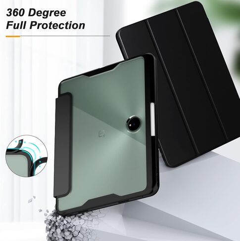حافظة لجهاز OnePlus Pad، غطاء حامل قابل للطي، إغلاق مغناطيسي للنوم التلقائي، حامل Stylo شفاف متين من البولي كربونات الخلفي من مادة TPU المقاومة للصدمات لجهاز OnePlus Pad - قلاب أسود in Kuwait