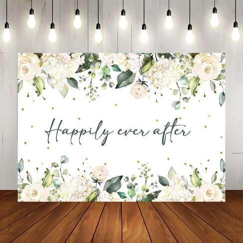 Lofaris Happily Ever After Backdrop for Wedding White Floral Green Leaves Gold Dots Photography Background Bridal Shower Wedding Party Decorations Banner Photo Props 7x5ft in Saudi Arabia