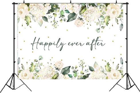 Lofaris Happily Ever After Backdrop for Wedding White Floral Green Leaves Gold Dots Photography Background Bridal Shower Wedding Party Decorations Banner Photo Props 7x5ft in Saudi Arabia